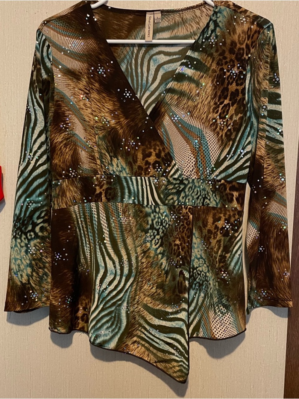 Susan Lawrence Green and Brown Animal-Print V-Neck Blouse